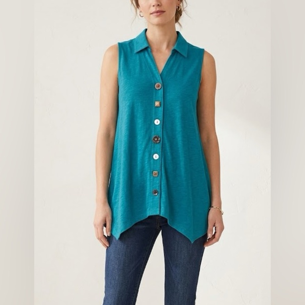 Soft Surroundings Sleeveless Teal Artsy Buttons Danielle Tunic Top- Size M